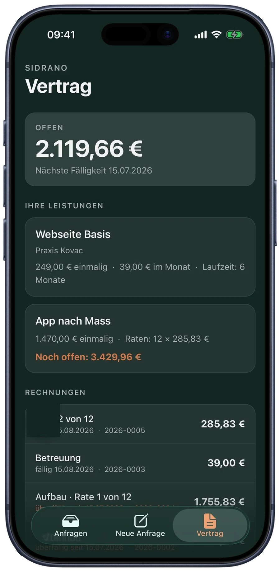Sidrano: Leistungen und Rechnungen